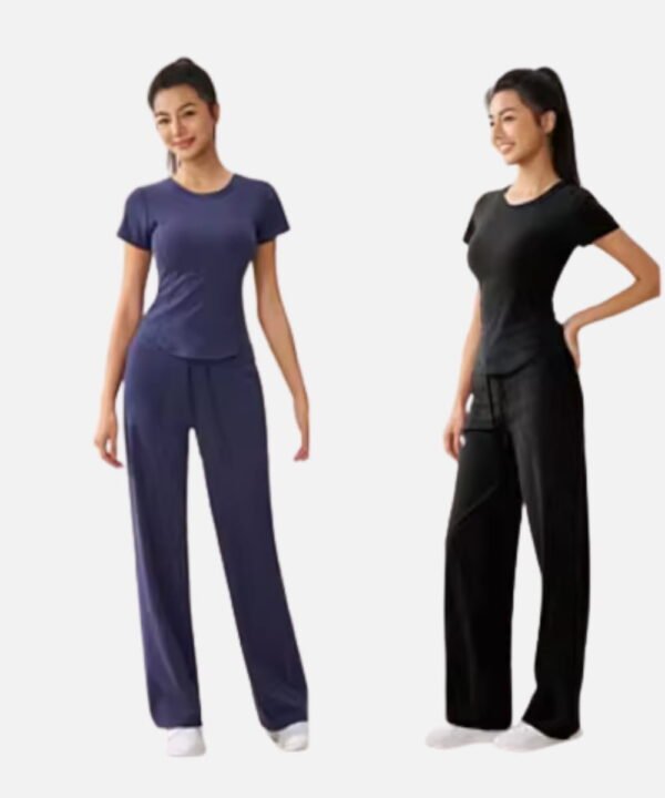 navy and black stretch short sleeve yoga sets