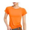 Bright orange active tee with side ruched tie, shown from front on model