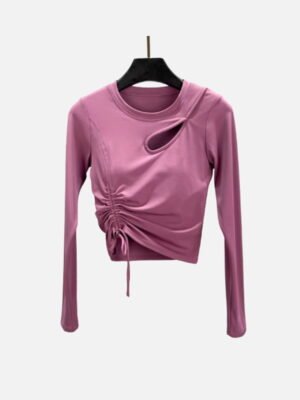 Lavender cutout long sleeve active top with ruched waist and breathable fabric