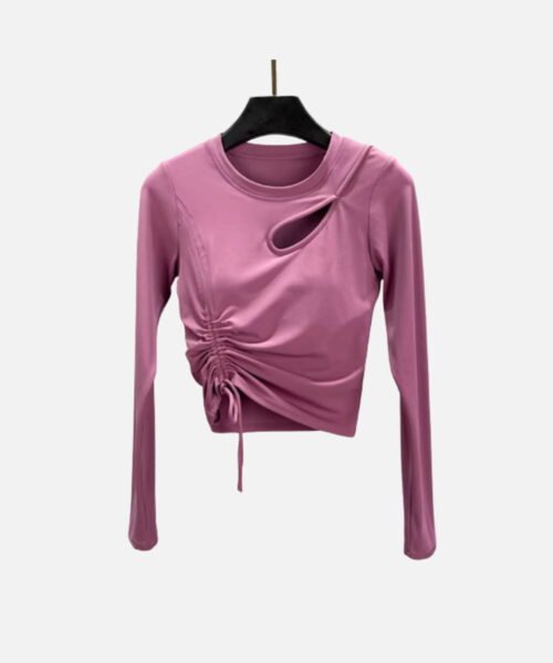 Lavender cutout long sleeve active top with ruched waist and breathable fabric