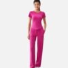pink short sleeve yoga top with straight leg pants