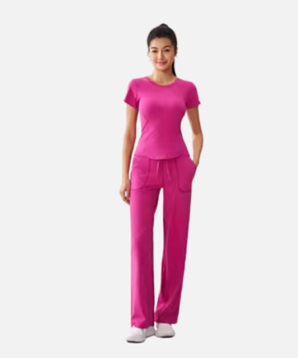 pink short sleeve yoga top with straight leg pants