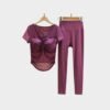 Purple yoga set with ruched mesh short-sleeve top and slim-fit leggings