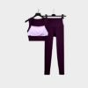 Purple yoga set with square-neck bra and stretch-fit leggings, stylish and functional