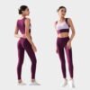 Purple yoga 2-piece with stretch leggings shown on model, designed for comfort and style