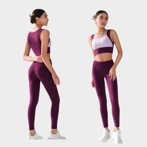 Purple yoga 2-piece with stretch leggings shown on model, designed for comfort and style