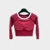 Red long sleeve crop top with padded lining and built-in bra cups for light support