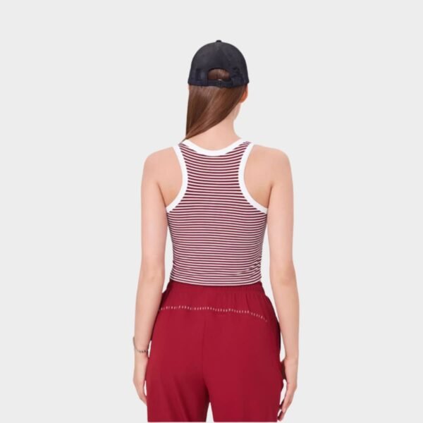 Back view of red stripe racerback tank with red straight‑leg pants, breathable stretch set