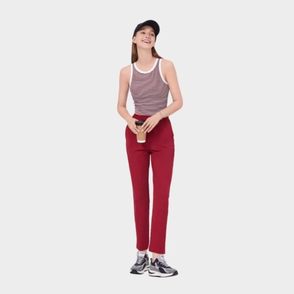 Red stripe tank top with red straight‑leg pants, front view casual athleisure outfit