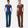 teal and brown stretch short sleeve yoga sets