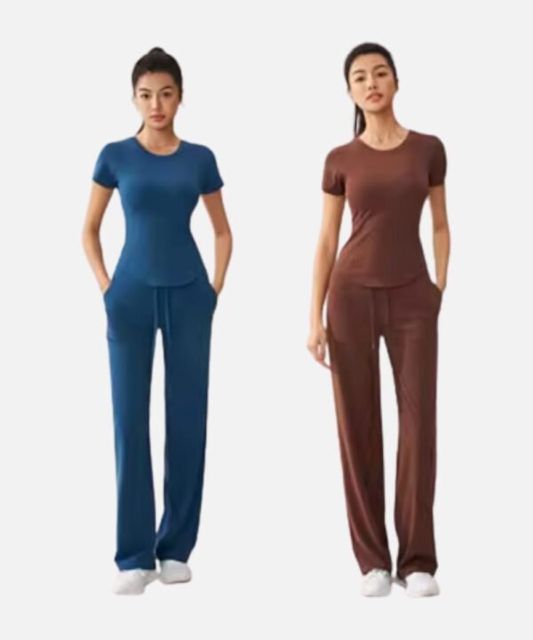 teal and brown stretch short sleeve yoga sets