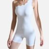 White scallop trim romper with fitted waist, perfect for elegant summer outings