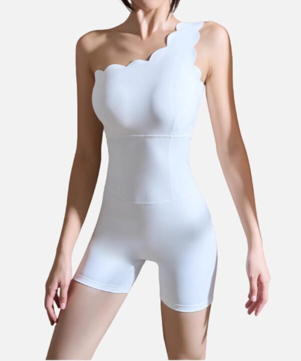 White scallop trim romper with fitted waist, perfect for elegant summer outings