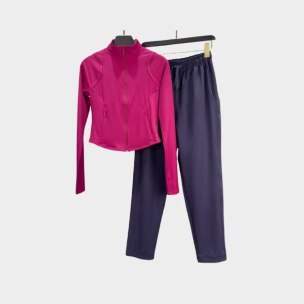 Wild berry and navy jacket set with bold color palette and slim silhouette for confident active days